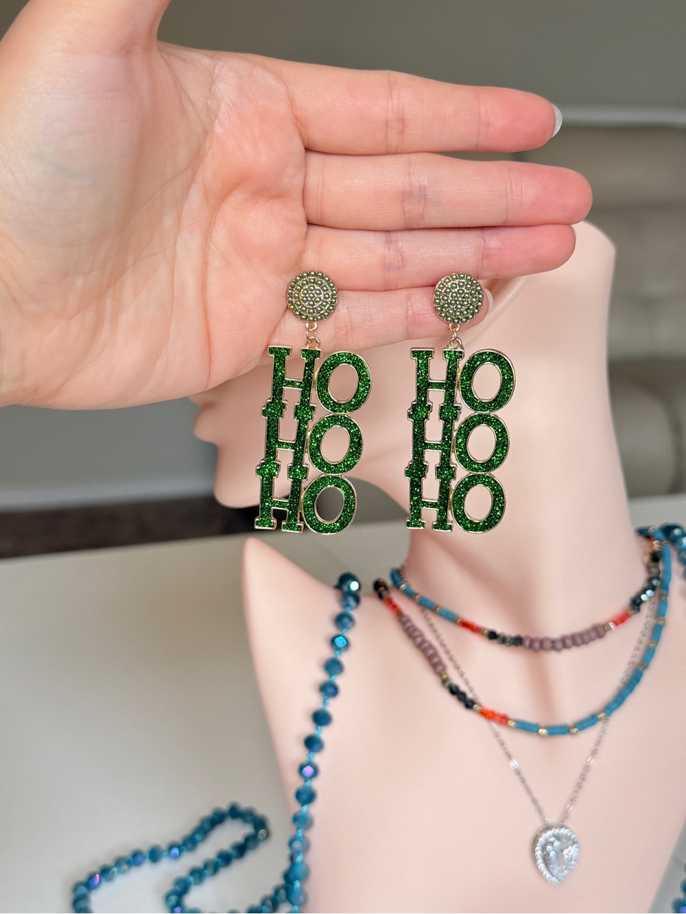 Holiday "HO HO HO" Green Drop Earrings - Picture 8 of 9